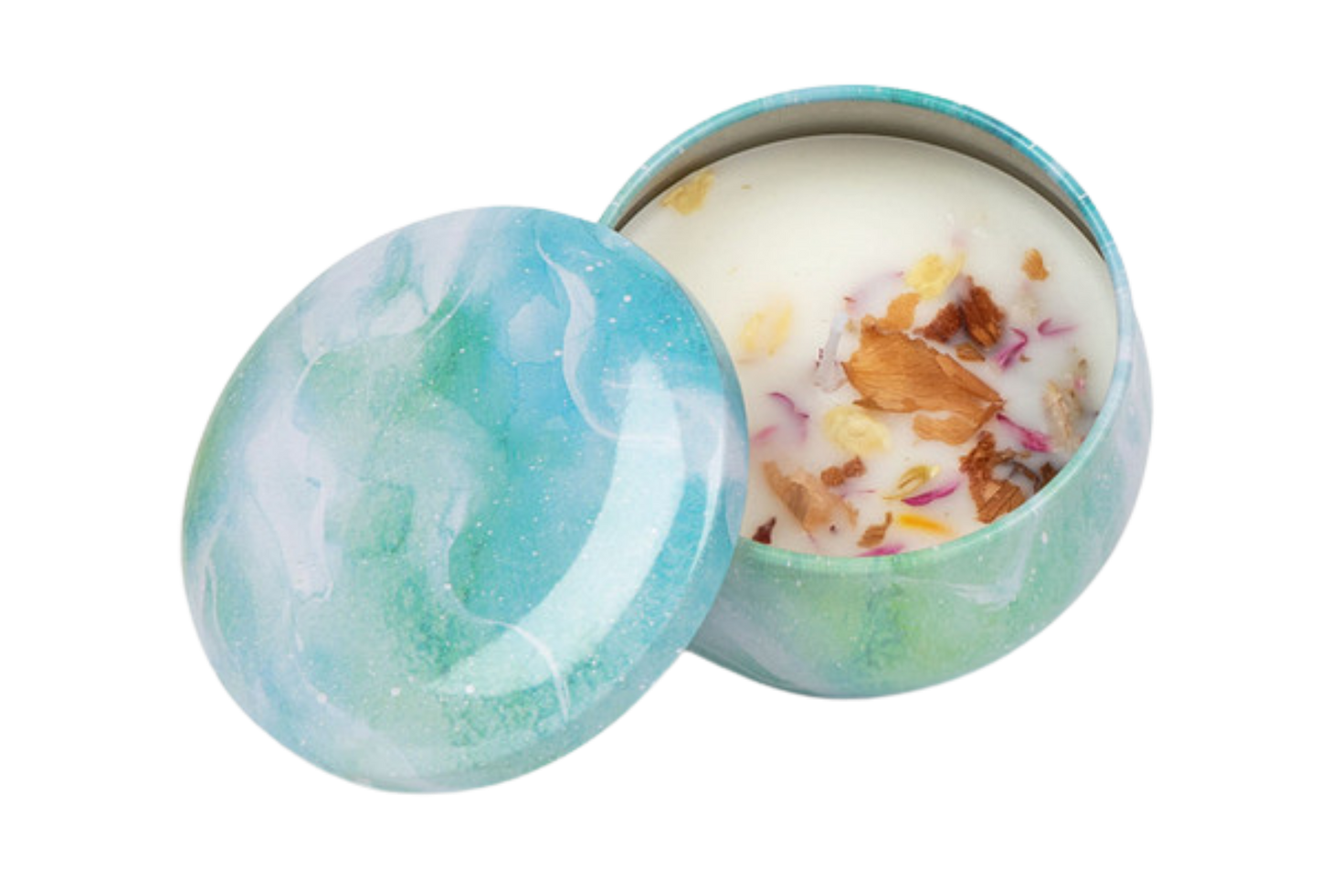 Blue decorative candle tin that includes dried flowers in the soy wax