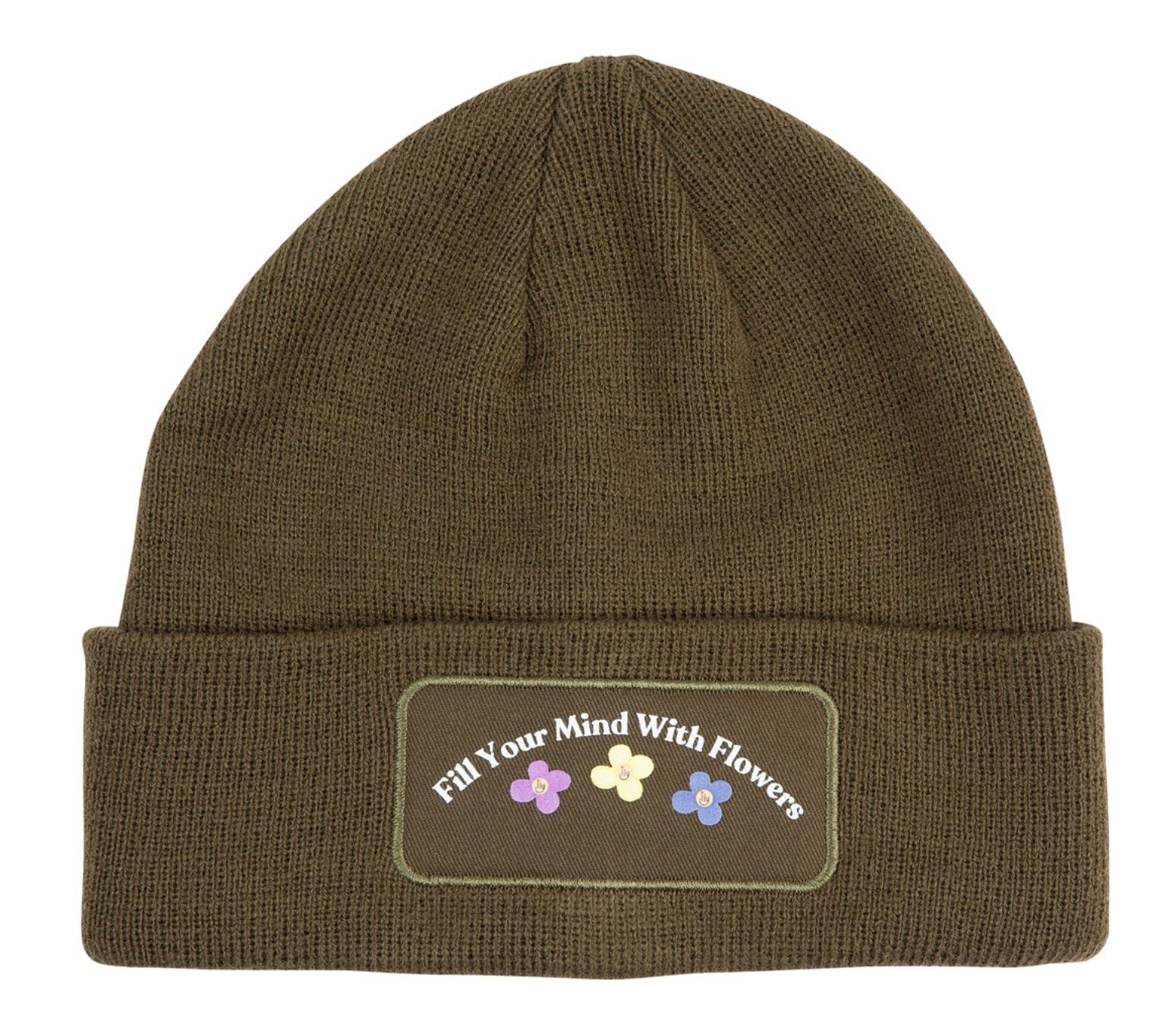 Fill Your Mind With Flowers olive green beanie