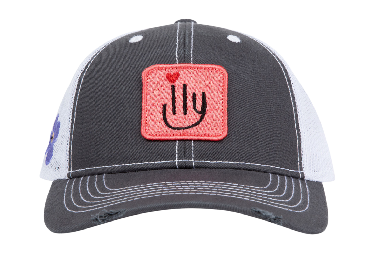 Dark gray ILY baseball cap with pink patch - front