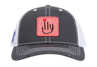 Dark gray ILY baseball cap with pink patch - front