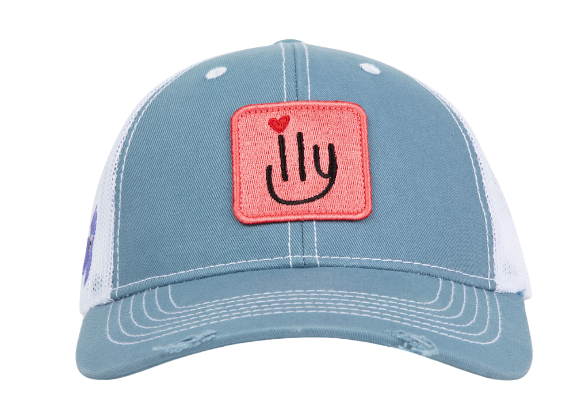 ILY baseball cap - light blue with pink patch - front