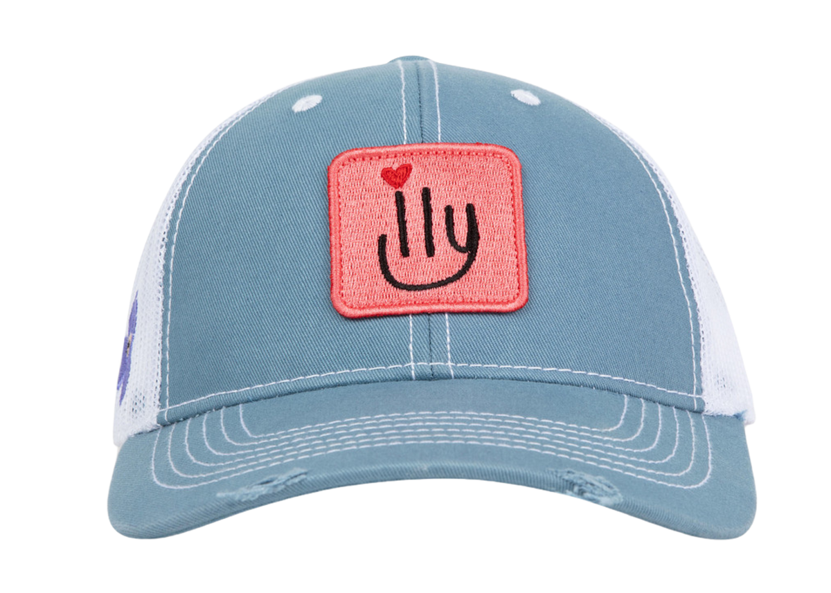 ILY baseball cap - light blue with pink patch - front