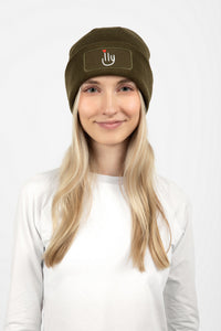 Woman wearing olive green beanie with ILY logo on the front