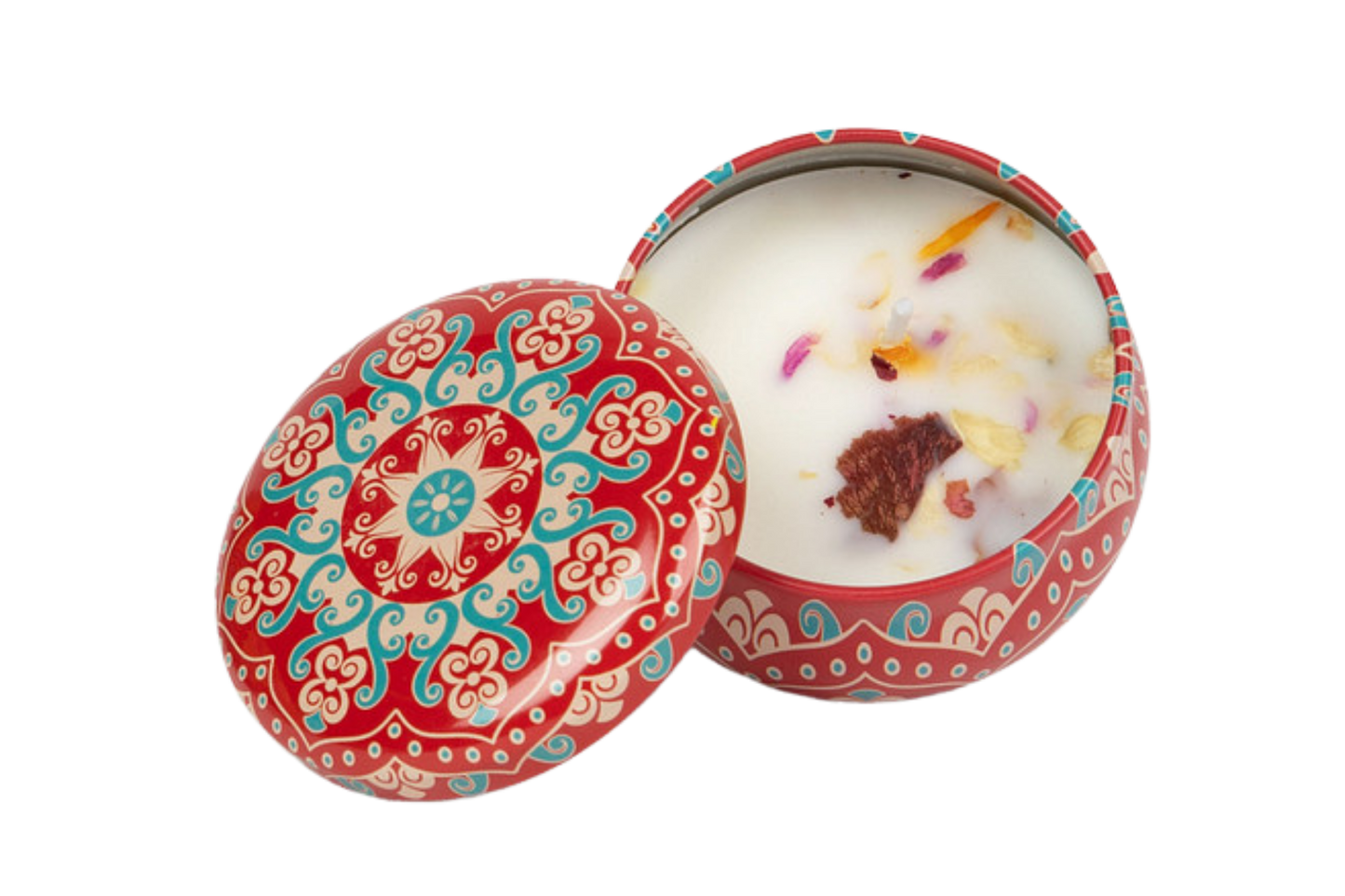 Red decorative candle tin that includes dried flowers in the soy wax